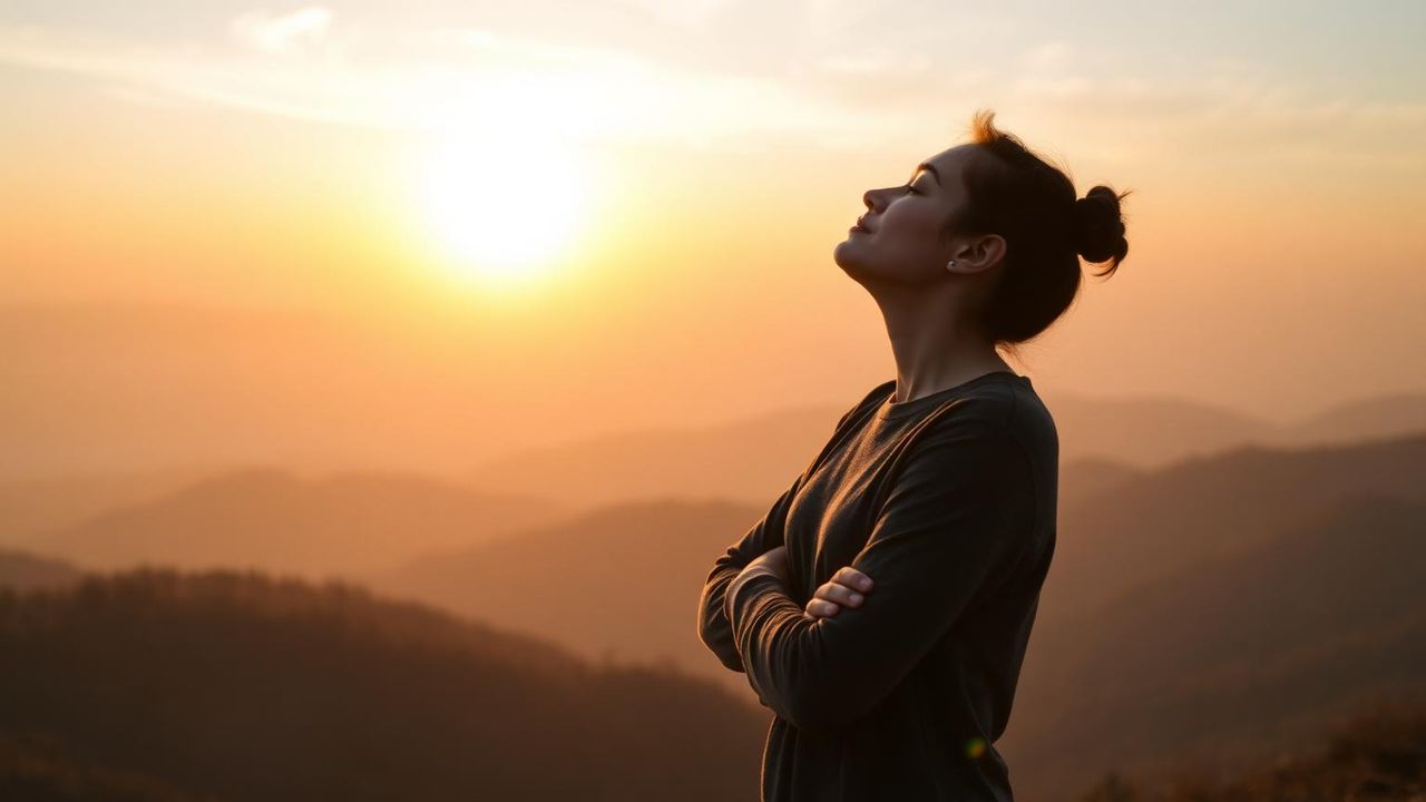 Frau atmet bei Sonnenaufgang auf einem Berggrat tief durch — das Gefühl von Höhenluft, ganz ohne Gerät